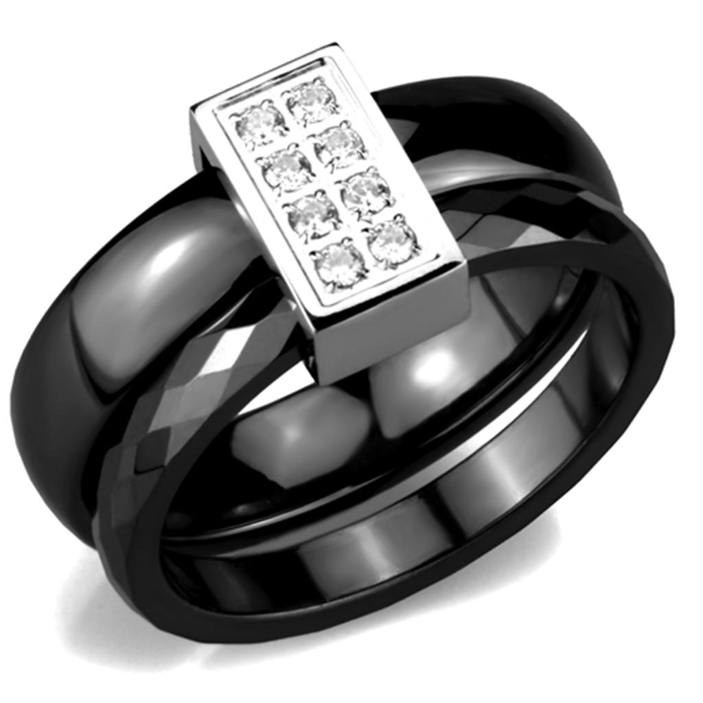 3W978 High Polished Stainless Steel Ring featuring a Jet Black Ceramic Center Stone, showcasing a sleek and modern design.