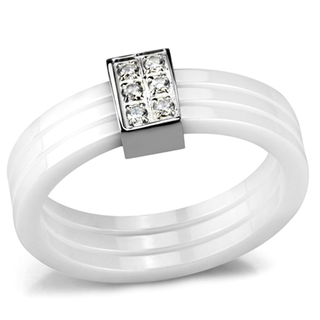 3W981 High Polished Stainless Steel Ring featuring a white ceramic center stone, showcasing a sleek and elegant design.