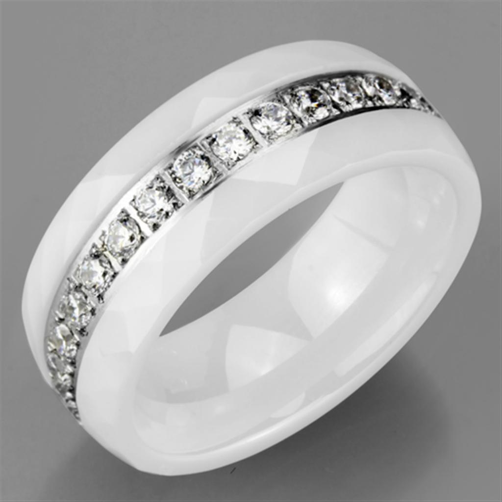3W983 High Polished Stainless Steel Ring featuring a white ceramic center stone, showcasing its elegant design and shiny finish.