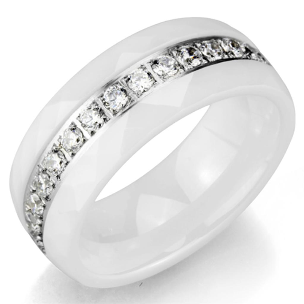 3W983 High Polished Stainless Steel Ring featuring a white ceramic center stone, showcasing its elegant design and shiny finish.