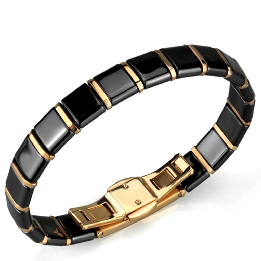 3W986 IP Rose Gold Stainless Steel Bracelet featuring a jet ceramic center stone, showcasing elegance and durability.