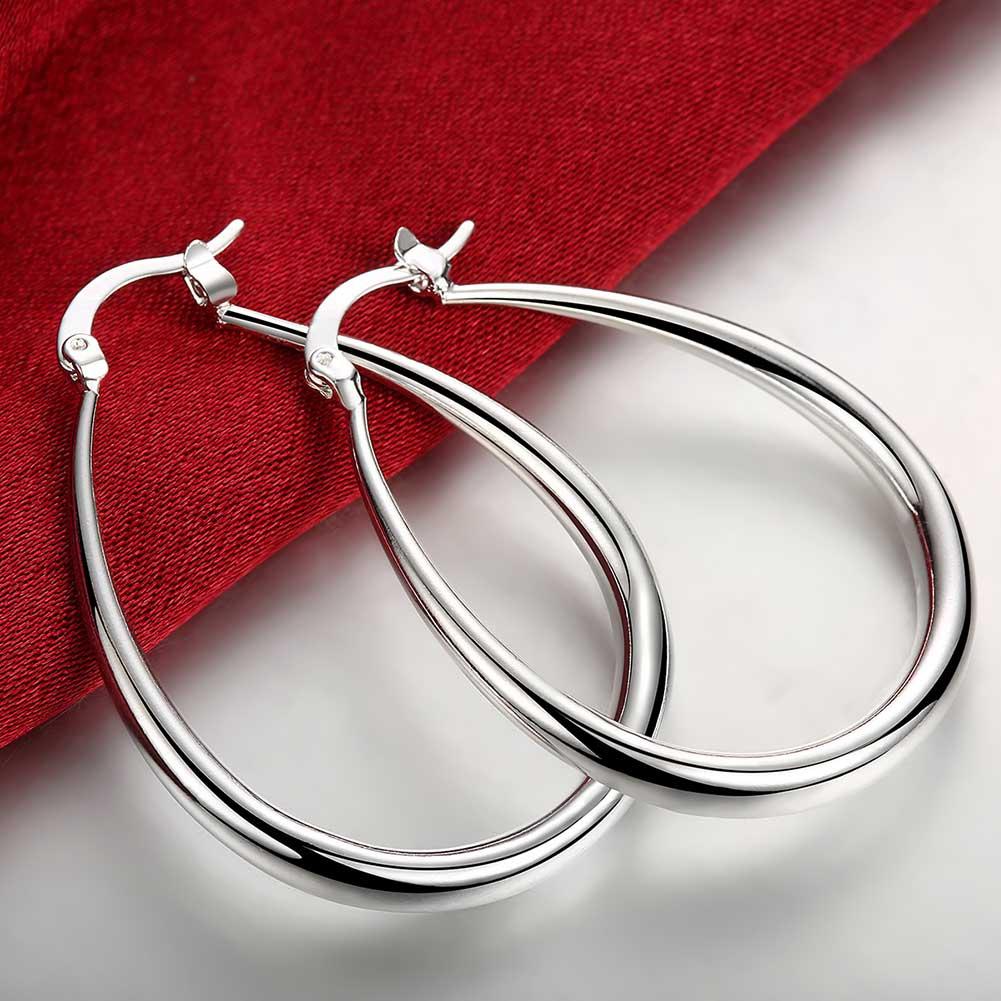 A pair of elegant 40mm French Lock Hoop Earrings in 18K white gold plating, showcasing a shiny finish and a comfortable design.