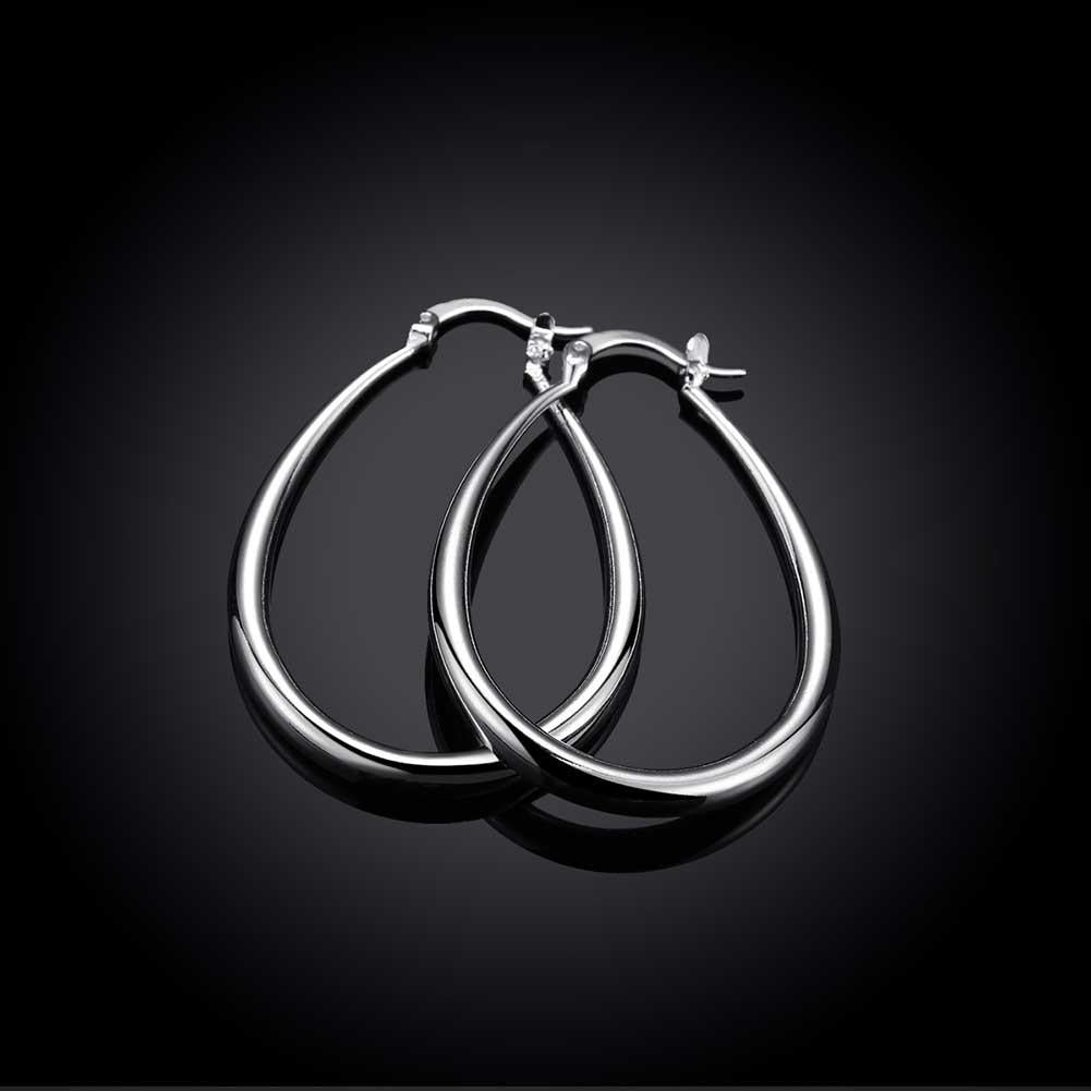 A pair of elegant 40mm French Lock Hoop Earrings in 18K white gold plating, showcasing a shiny finish and a comfortable design.