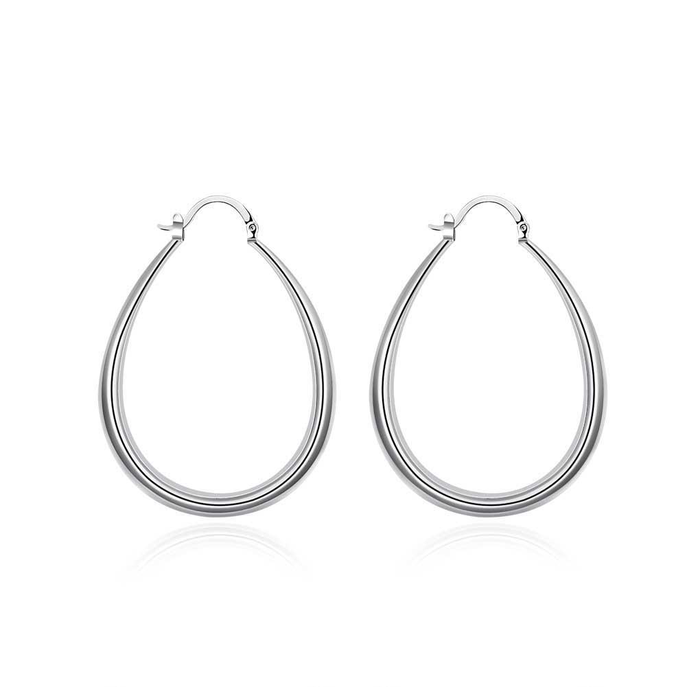 A pair of elegant 40mm French Lock Hoop Earrings in 18K white gold plating, showcasing a shiny finish and a comfortable design.