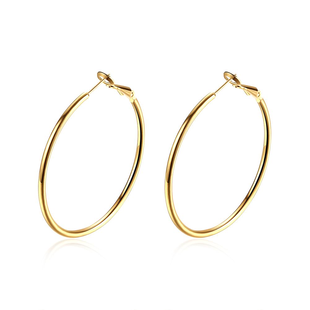A pair of elegant 42mm round hoop earrings in 18K gold plating, showcasing a shiny and sophisticated design.