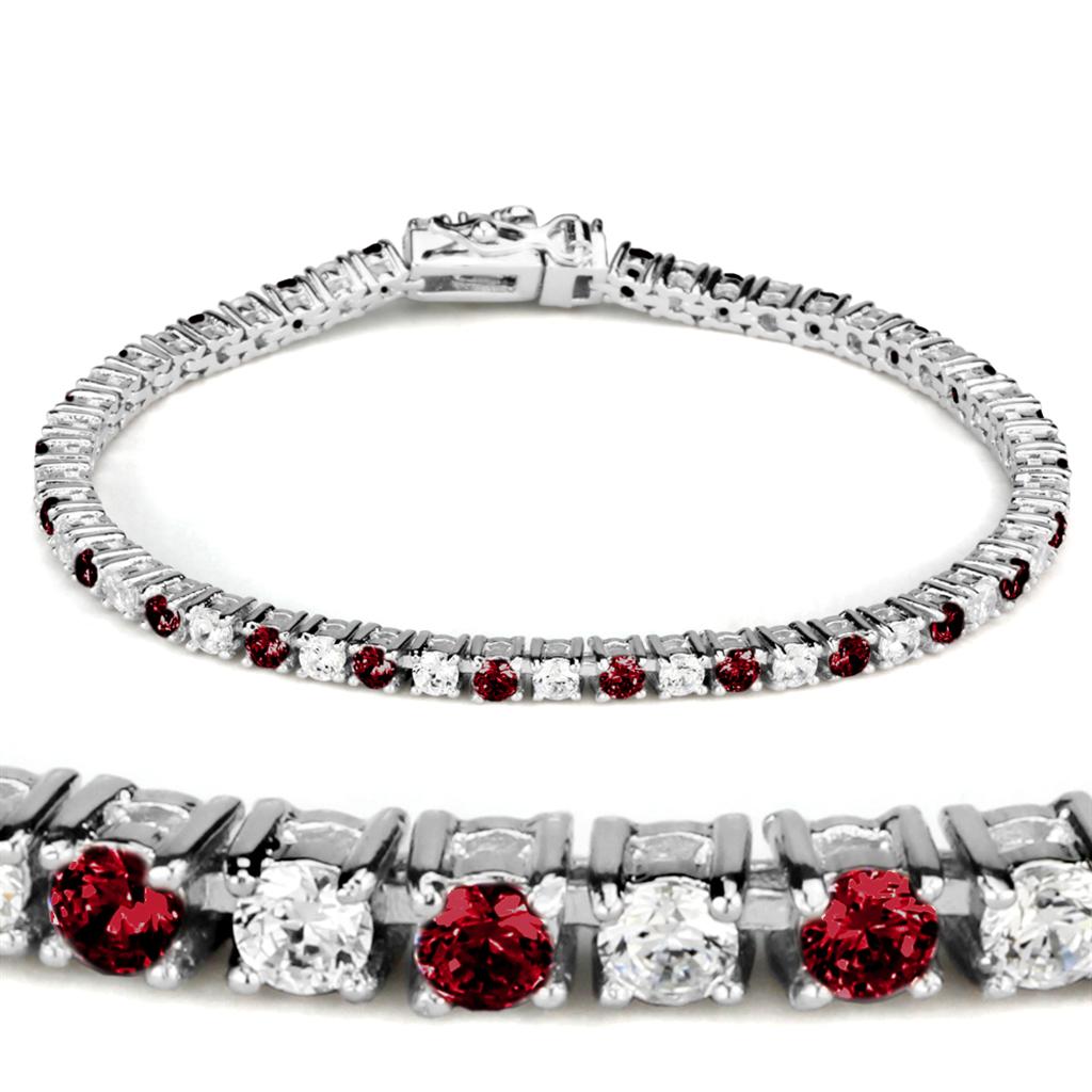 Rhodium Brass Bracelet featuring a vibrant Synthetic Garnet in Ruby, showcasing its elegant design and craftsmanship.