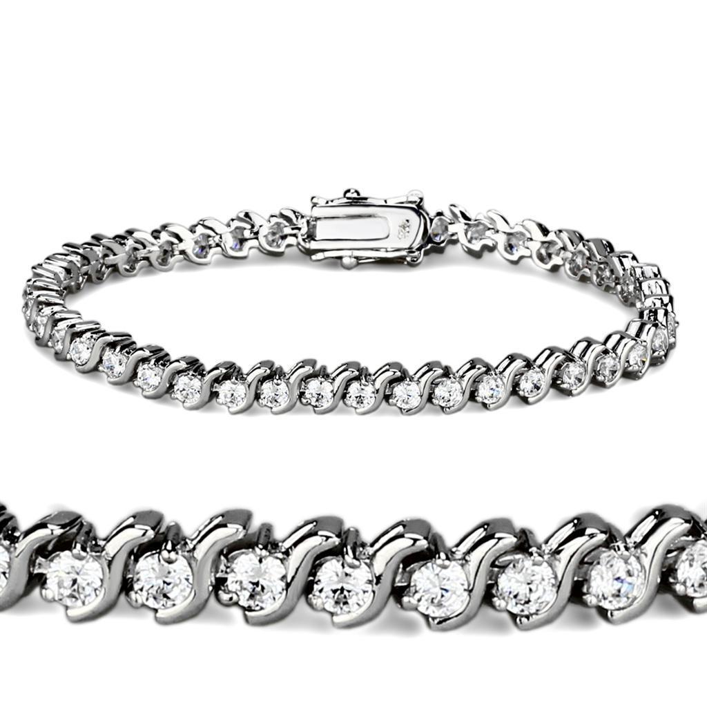 Elegant Rhodium Brass Bracelet featuring a clear AAA Grade CZ stone, showcasing its luxurious design and craftsmanship.