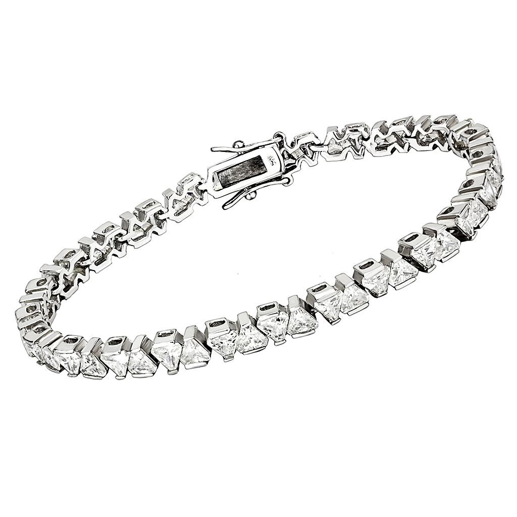 Rhodium Brass Bracelet featuring a clear AAA Grade CZ stone, showcasing its elegant design and high-quality finish.