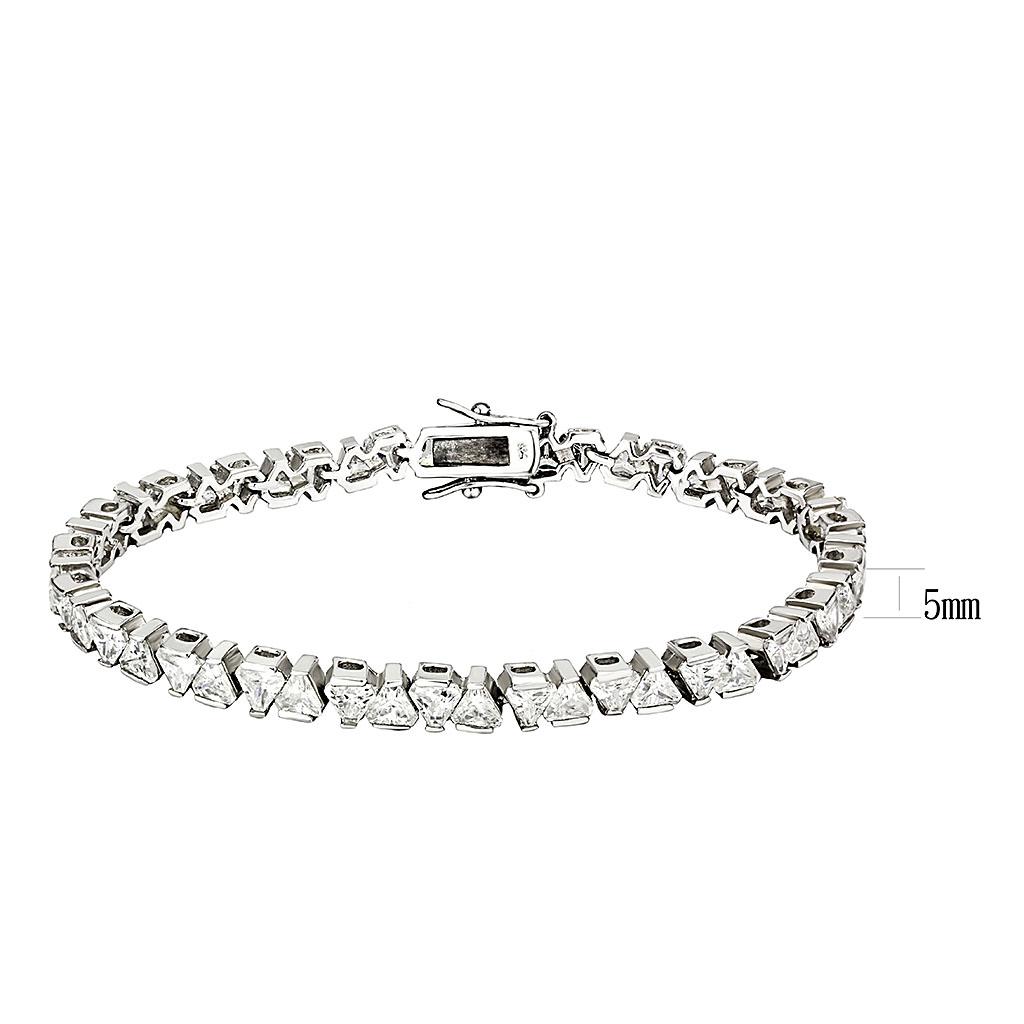 Rhodium Brass Bracelet featuring a clear AAA Grade CZ stone, showcasing its elegant design and high-quality finish.
