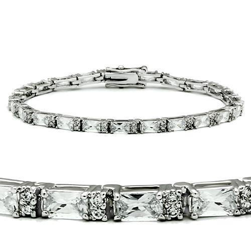 Elegant Rhodium Brass Bracelet featuring a clear AAA Grade CZ stone, showcasing its luxurious design and craftsmanship.