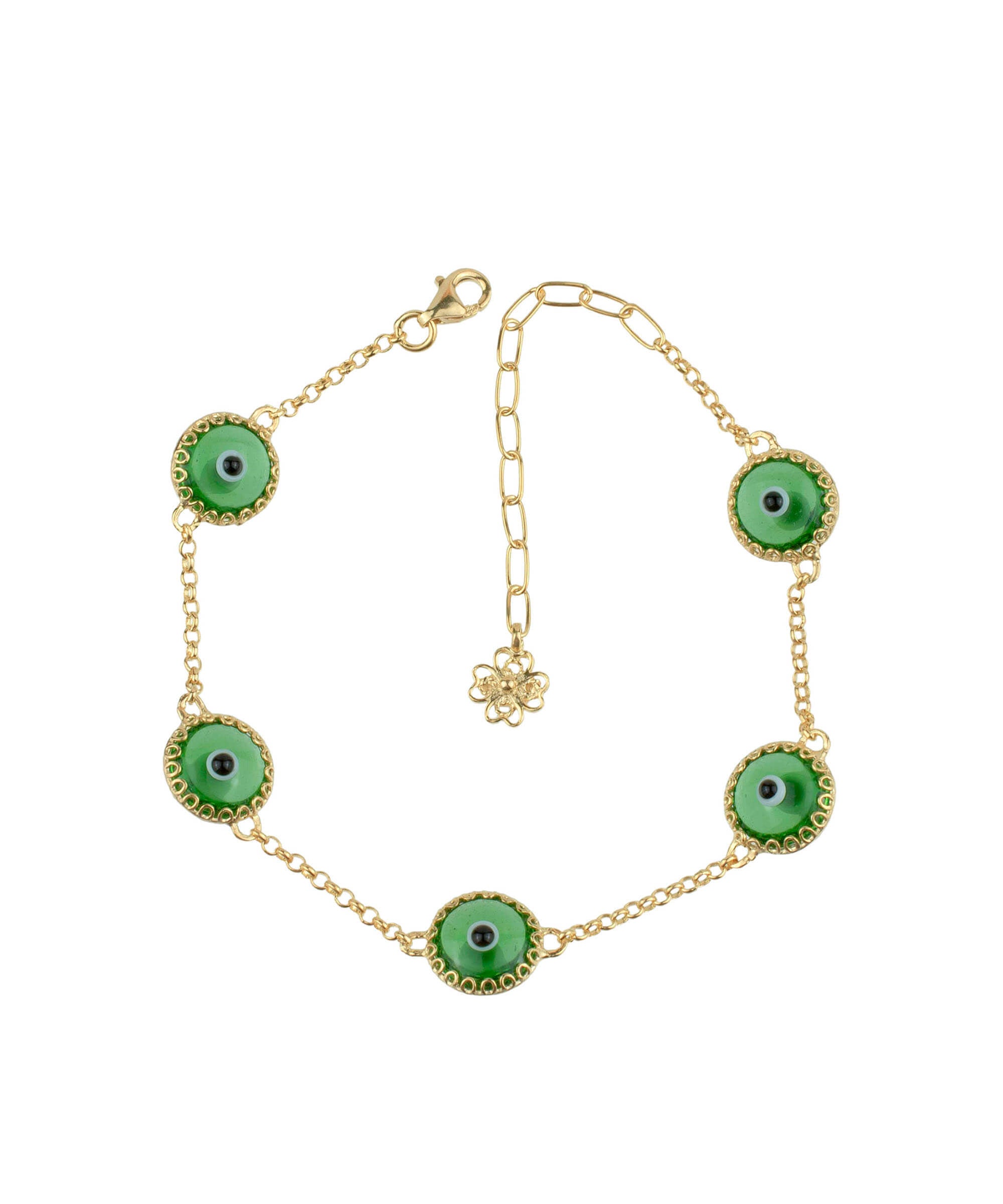 Mint green evil eye bracelet featuring five beads on a gold plated sterling silver link chain, secured with a lobster claw clasp.