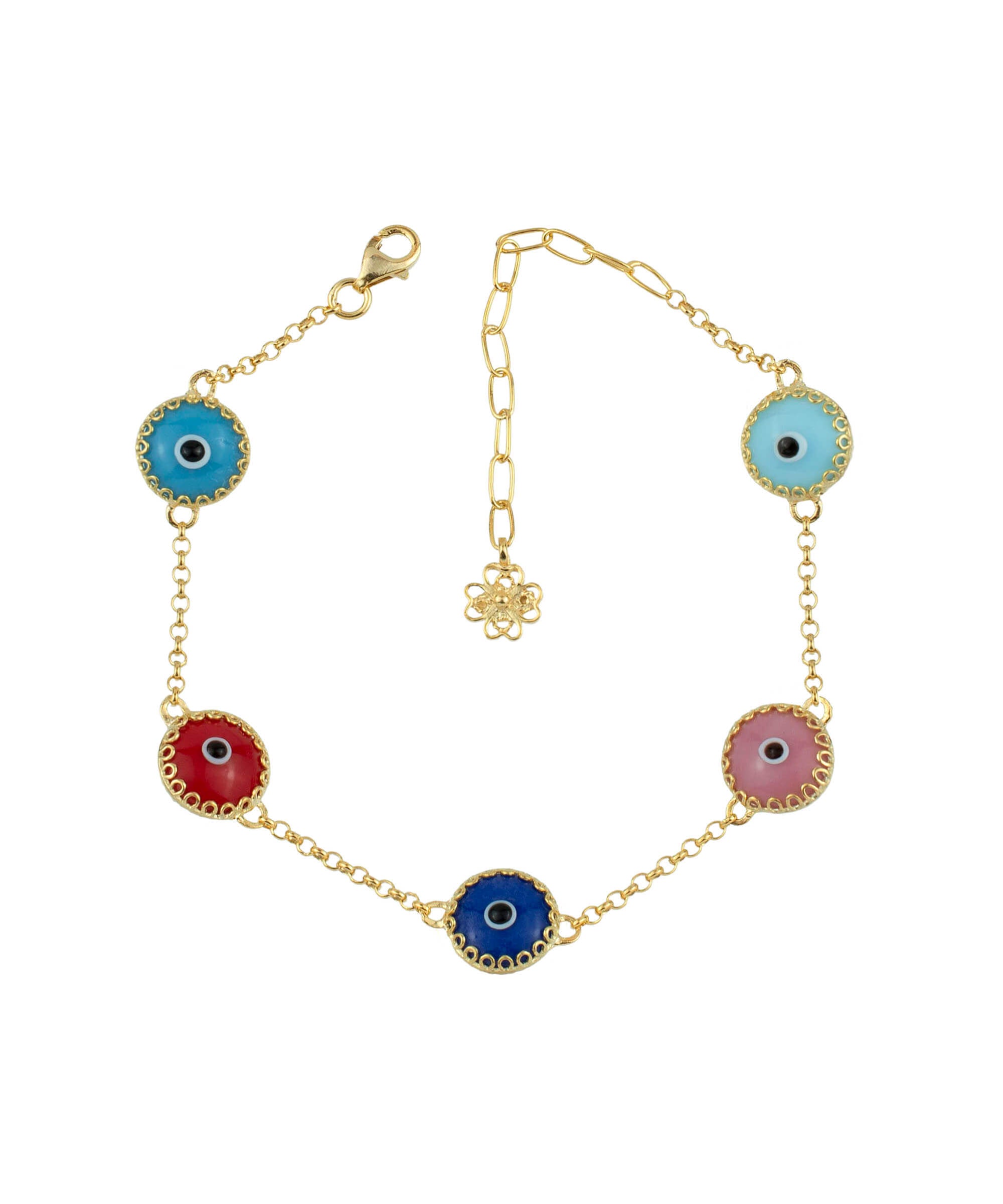 A stylish gold plated sterling silver link bracelet featuring five colorful evil eye beads, designed for women.