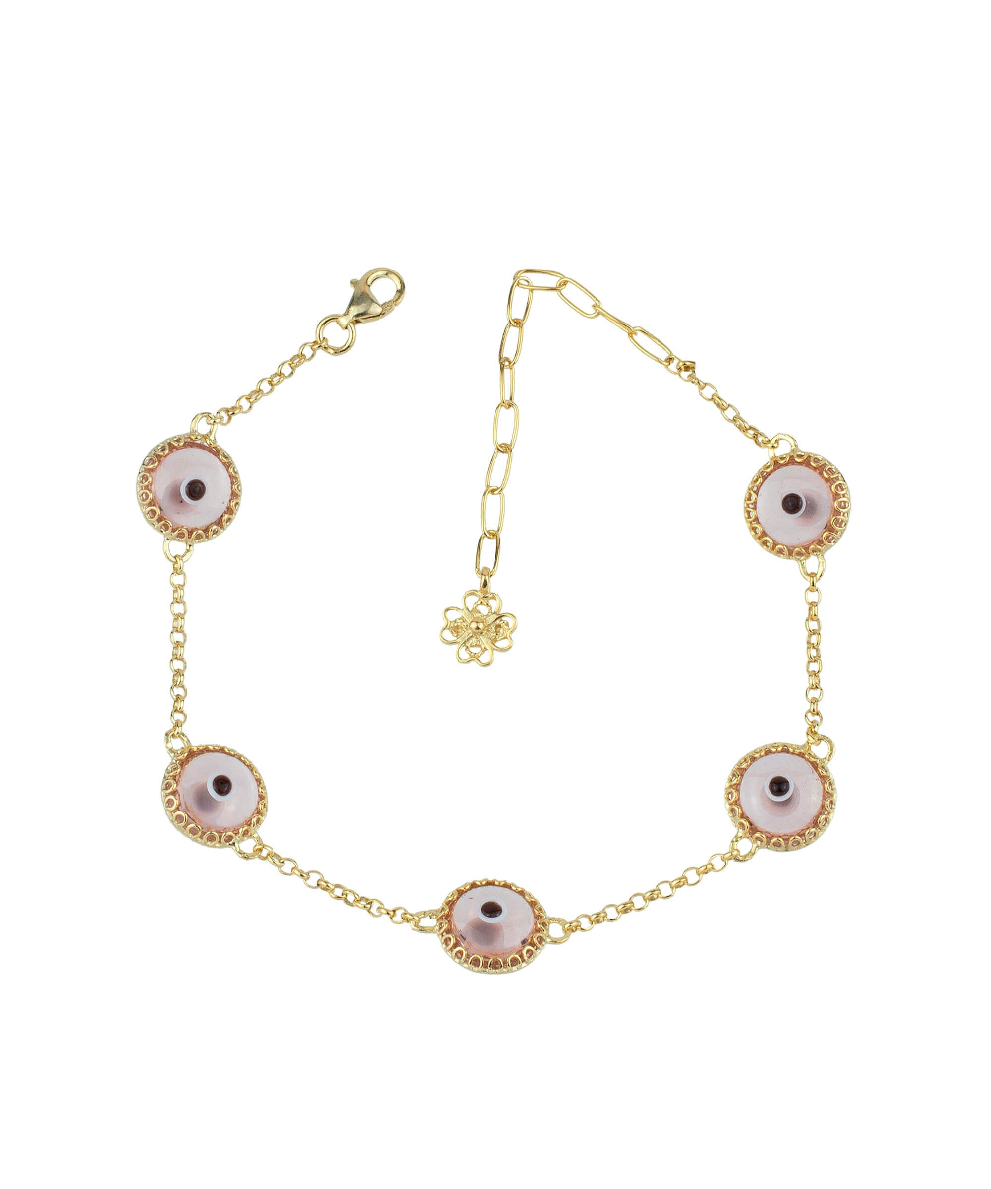 Gold plated sterling silver link bracelet featuring five pink evil eye beads, designed with a strong rolo chain and secured with a lobster claw clasp.