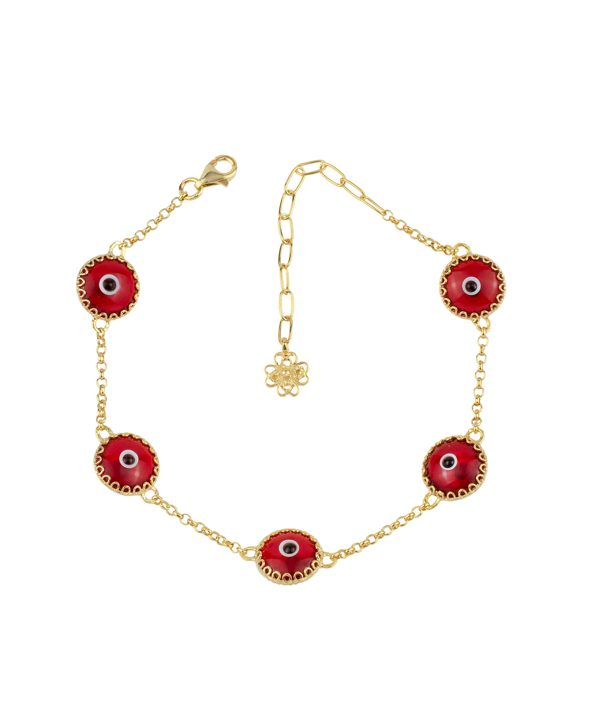 5 Beads Red Evil Eye Women Gold Plated Silver Link Bracelet featuring five red beads and a strong rolo chain.