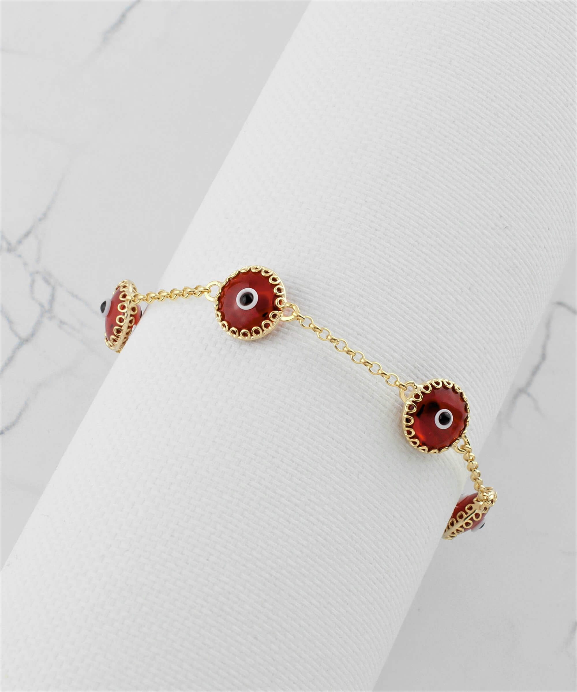 5 Beads Red Evil Eye Women Gold Plated Silver Link Bracelet featuring five red beads and a strong rolo chain.