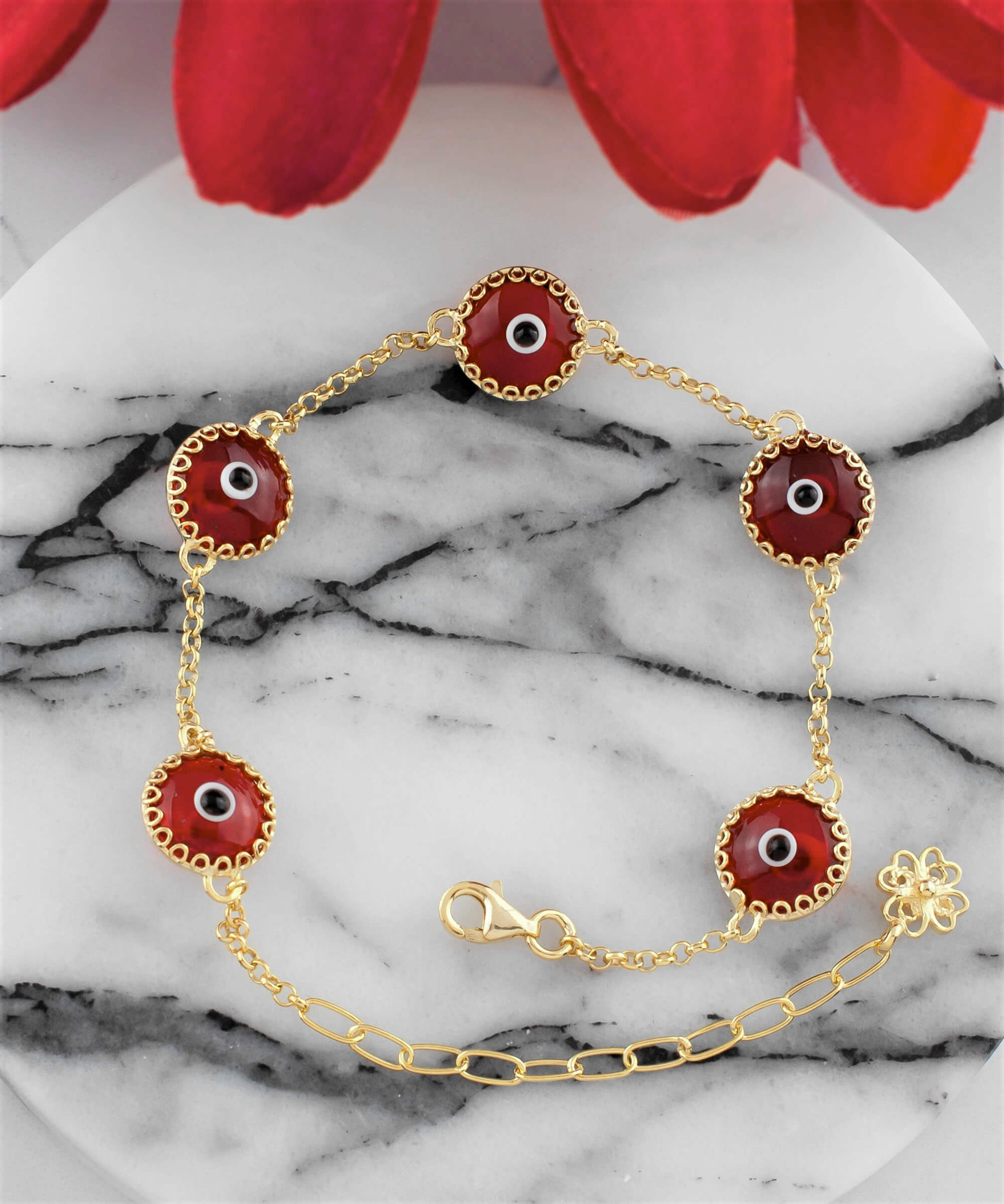 5 Beads Red Evil Eye Women Gold Plated Silver Link Bracelet featuring five red beads and a strong rolo chain.