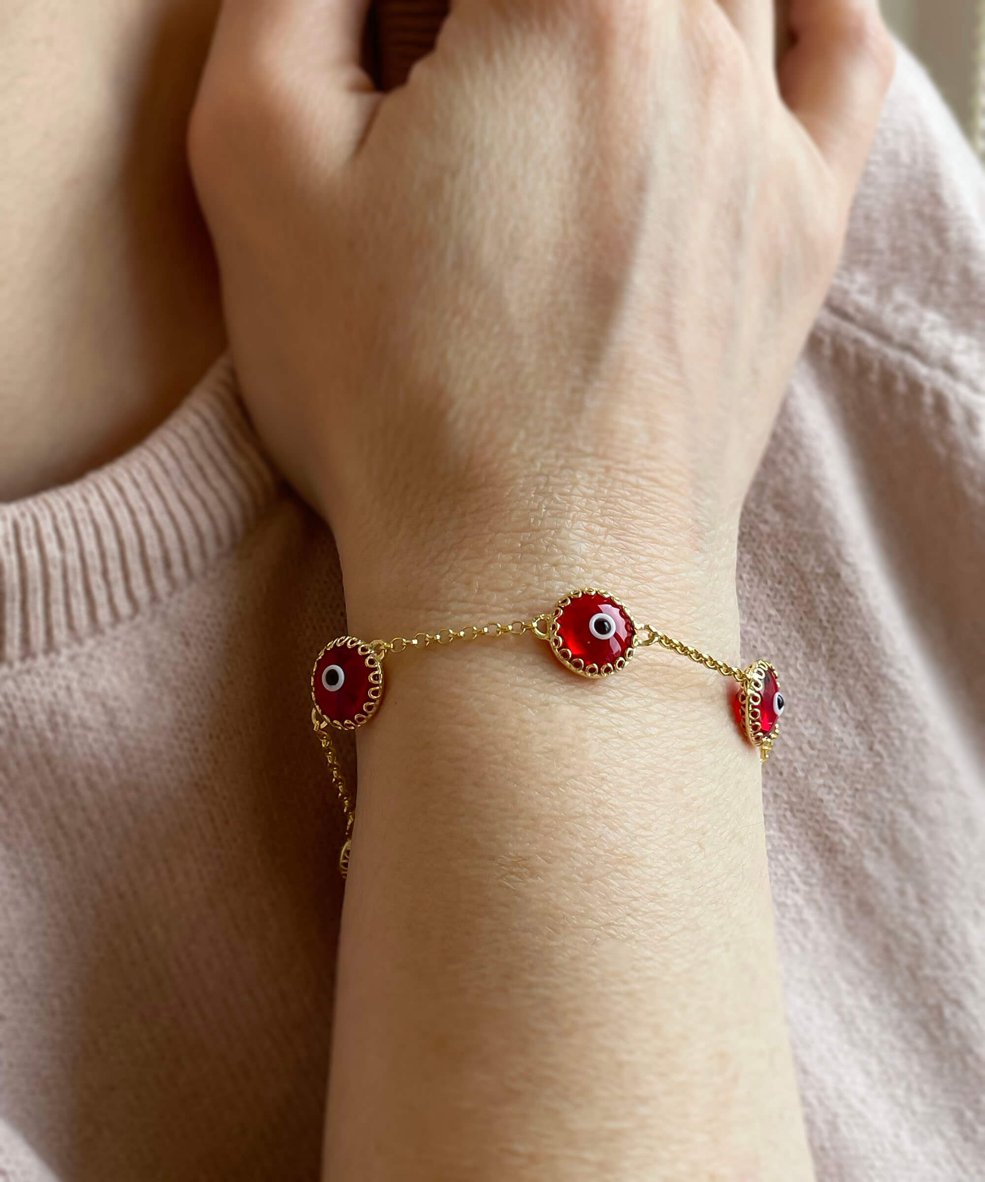 5 Beads Red Evil Eye Women Gold Plated Silver Link Bracelet featuring five red beads and a strong rolo chain.
