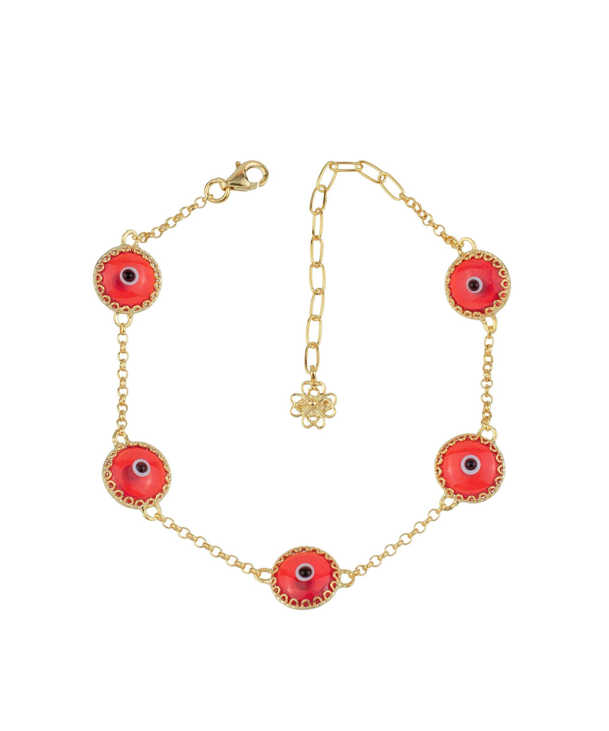 5 Beads Scarlet Evil Eye Women Gold Plated Silver Link Bracelet featuring scarlet beads and a strong rolo chain design.