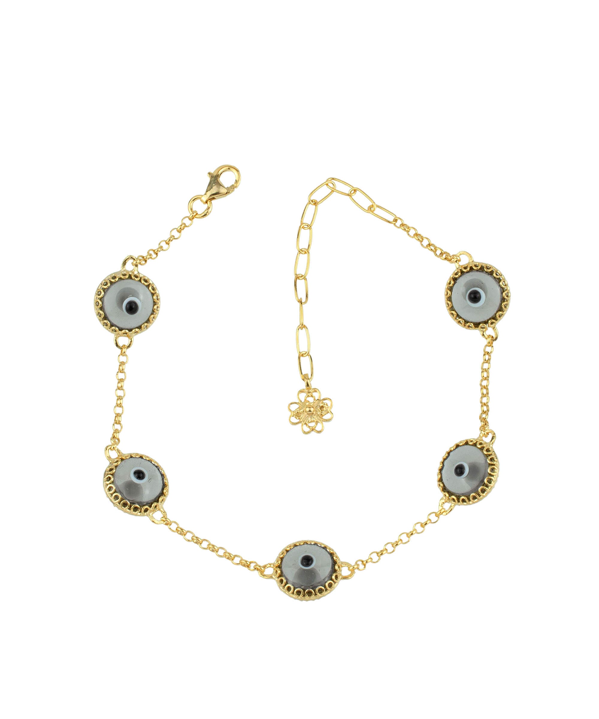5 Beads Smokey Evil Eye Women Gold Plated Silver Link Bracelet featuring five smokey beads and a strong rolo chain.