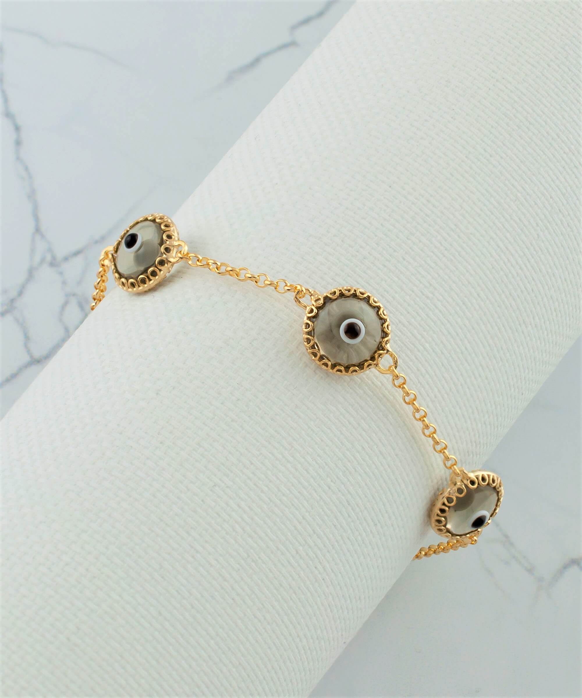 5 Beads Smokey Evil Eye Women Gold Plated Silver Link Bracelet featuring five smokey beads and a strong rolo chain.