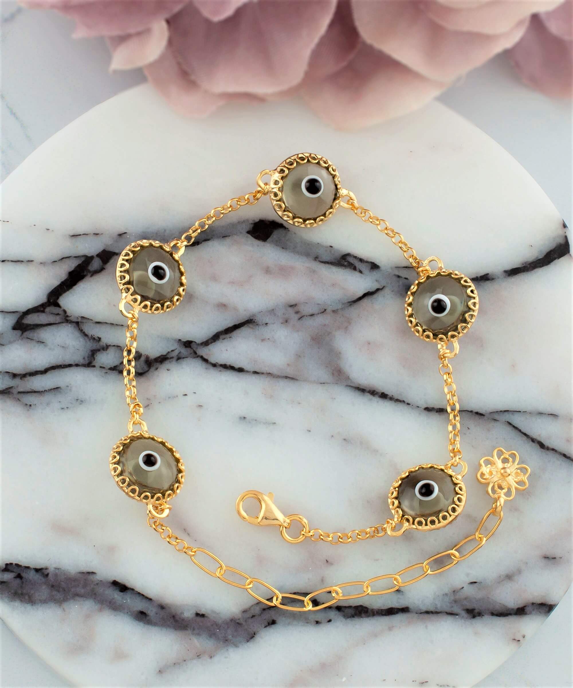 5 Beads Smokey Evil Eye Women Gold Plated Silver Link Bracelet featuring five smokey beads and a strong rolo chain.