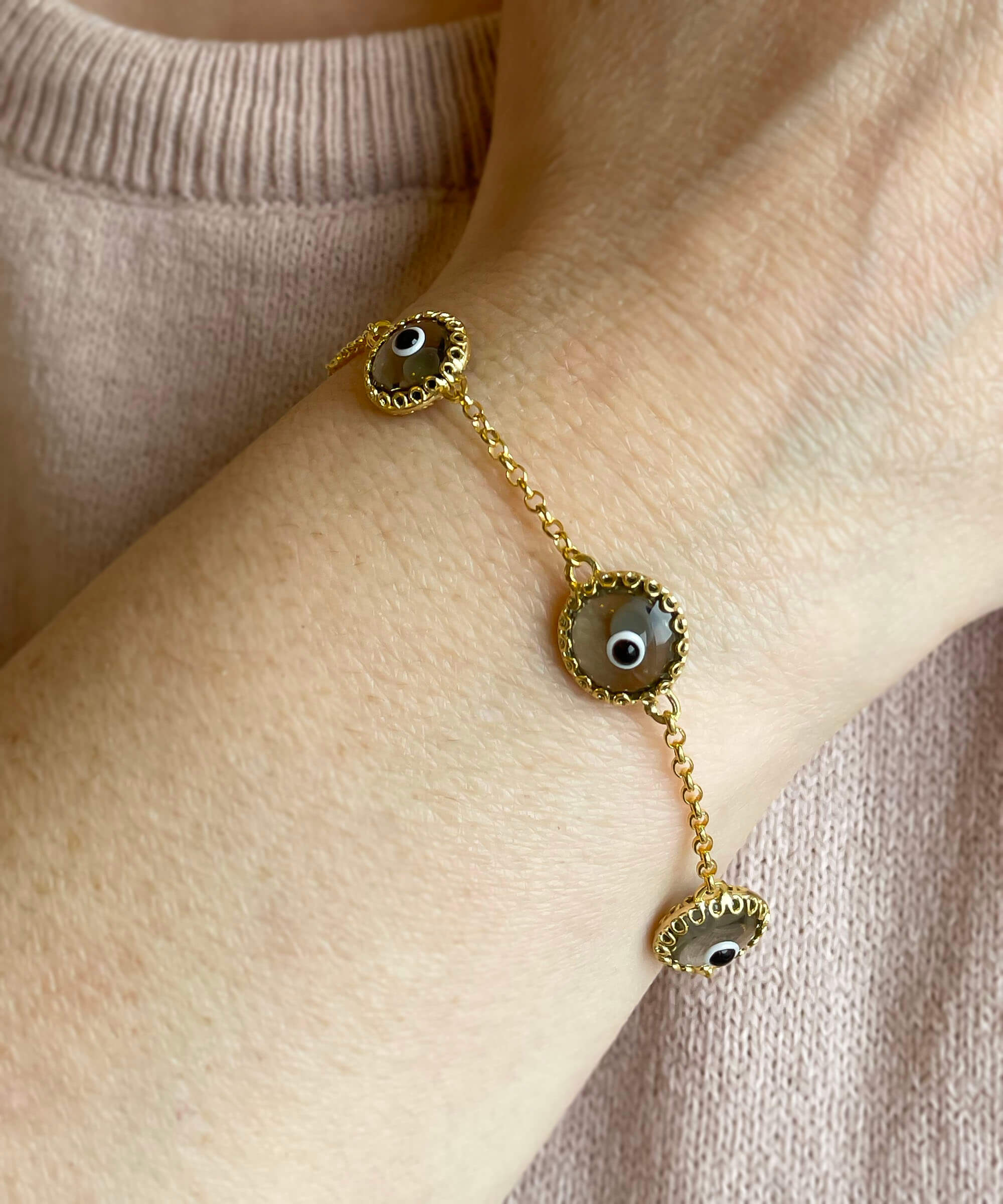 5 Beads Smokey Evil Eye Women Gold Plated Silver Link Bracelet featuring five smokey beads and a strong rolo chain.