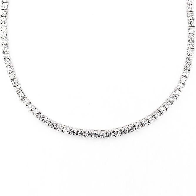 A luxurious 55 CTTW Elements Tennis Necklace Set in 18K gold plating, featuring white AAAAA quality stones, available in silver, gold, and rose gold options.