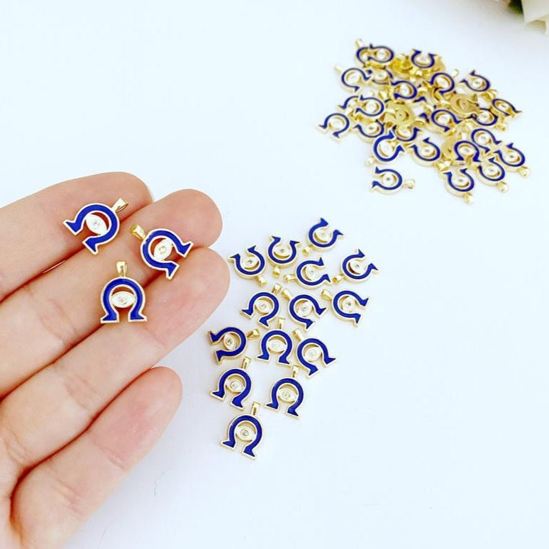 Five blue horseshoe evil eye charms with gold plating, perfect for jewelry making and protection.
