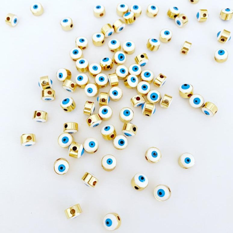 Five white evil eye beads with a 7mm size and 1.8mm hole, made from stainless steel brass, ideal for DIY jewelry making.