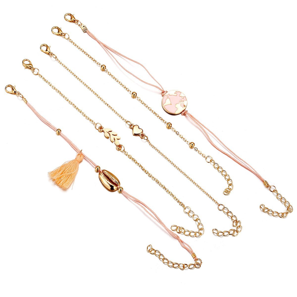5 Piece Pink Global Tassell Bracelet Set featuring 18K rose gold plating, showcasing elegant tassels and a beautiful pink hue.