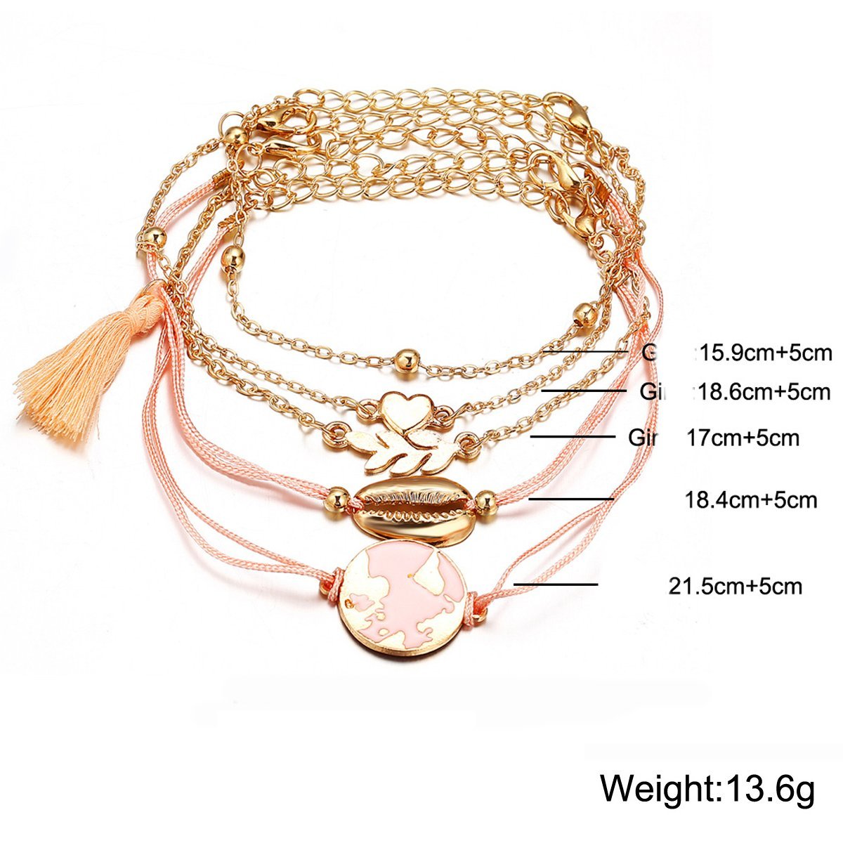 5 Piece Pink Global Tassell Bracelet Set featuring 18K rose gold plating, showcasing elegant tassels and a beautiful pink hue.