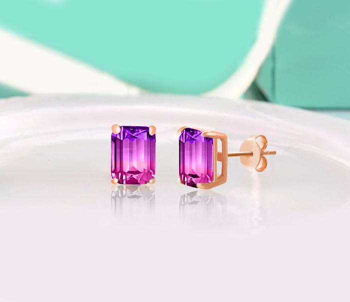 Elegant 5.00 Ctw Emerald Cut Pink and Amethyst Stud Earrings set in 18K Rose Gold Plate, showcasing their stunning design and vibrant colors.