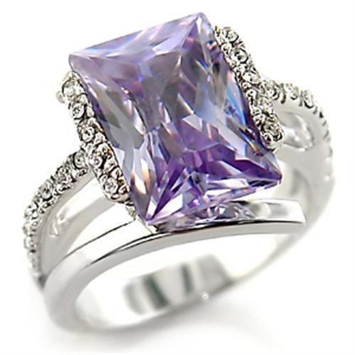 Rhodium brass ring featuring a light amethyst AAA grade cubic zirconia center stone, elegantly designed for sophistication.