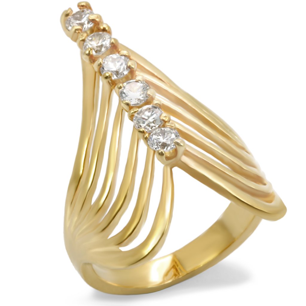 A stunning gold brass ring featuring a clear AAA Grade cubic zirconia stone, elegantly designed for any occasion.