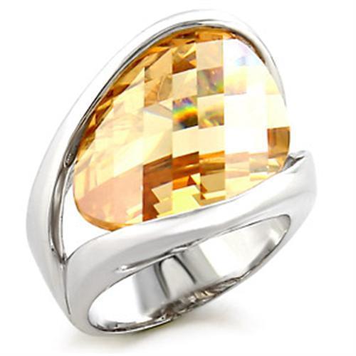 Rhodium brass ring featuring a champagne AAA grade cubic zirconia stone, elegantly designed for a sophisticated look.