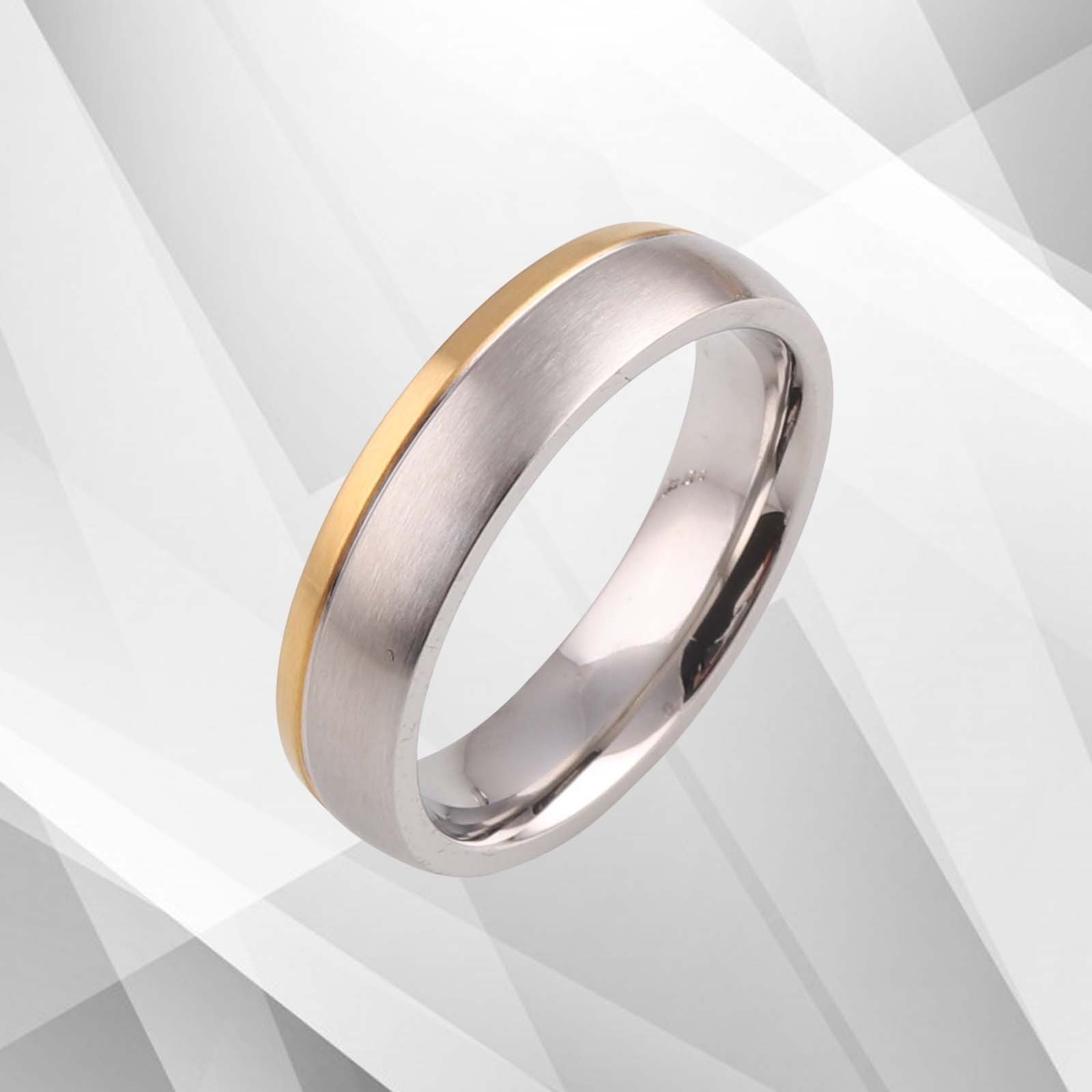 5mm Men's Wedding Anniversary Titanium Band Ring with 18Ct Yellow and White Gold accents, showcasing a brushed finish and comfort fit design.