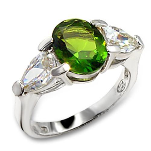 High-polished 925 sterling silver ring featuring a vibrant synthetic spinel center stone in peridot color, elegantly designed for everyday wear.