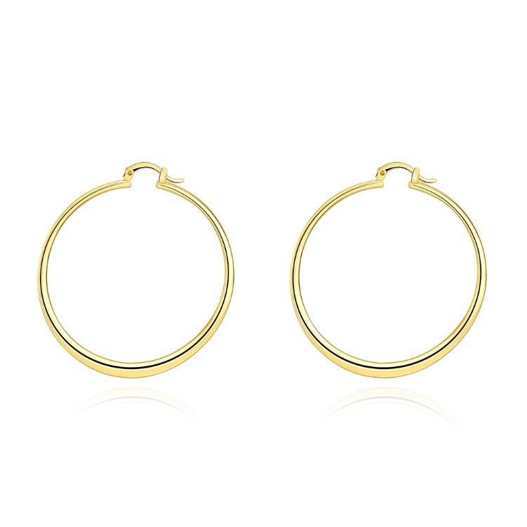 A pair of elegant 60mm 18K gold plated hoop earrings with a shiny finish, showcasing Italian design and craftsmanship.