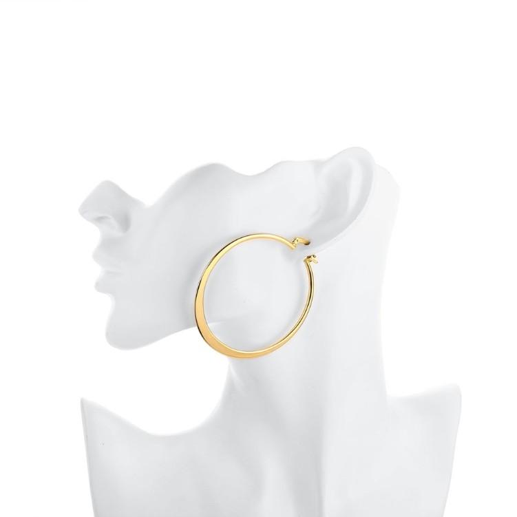 A pair of elegant 60mm 18K gold plated hoop earrings with a shiny finish, showcasing Italian design and craftsmanship.