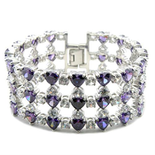 Elegant Rhodium Brass Bracelet featuring a stunning AAA Grade CZ stone in Amethyst color, showcasing its luxurious design.