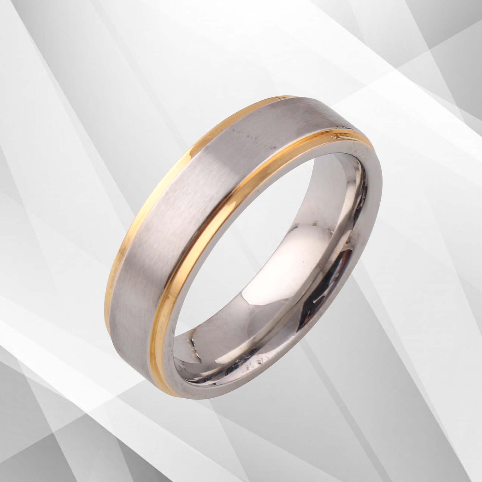 6mm Men's Titanium Engagement Wedding Ring featuring 18Ct Yellow and White Gold accents, showcasing a brushed finish and comfort fit design.