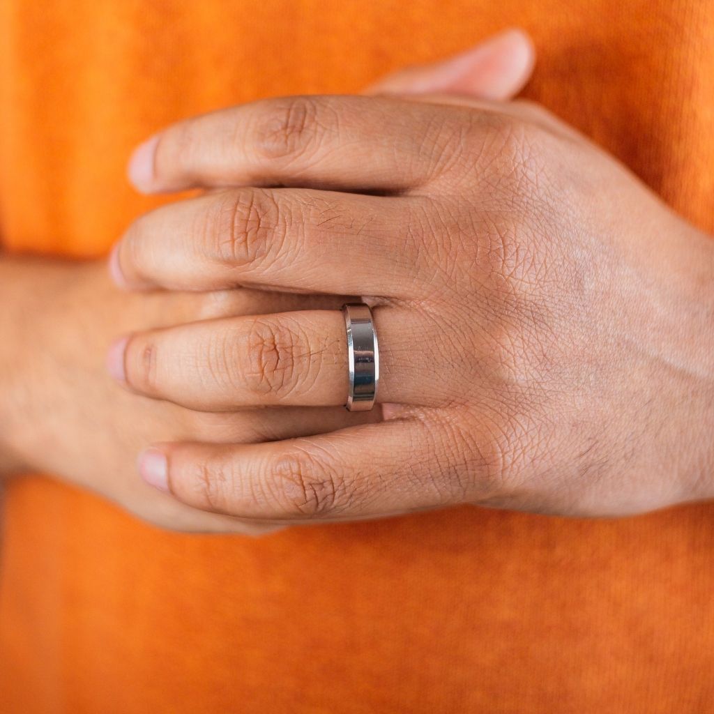 6mm Mens Silver Tungsten Engagement Wedding Band Ring showcasing its sleek design and classic silver finish.