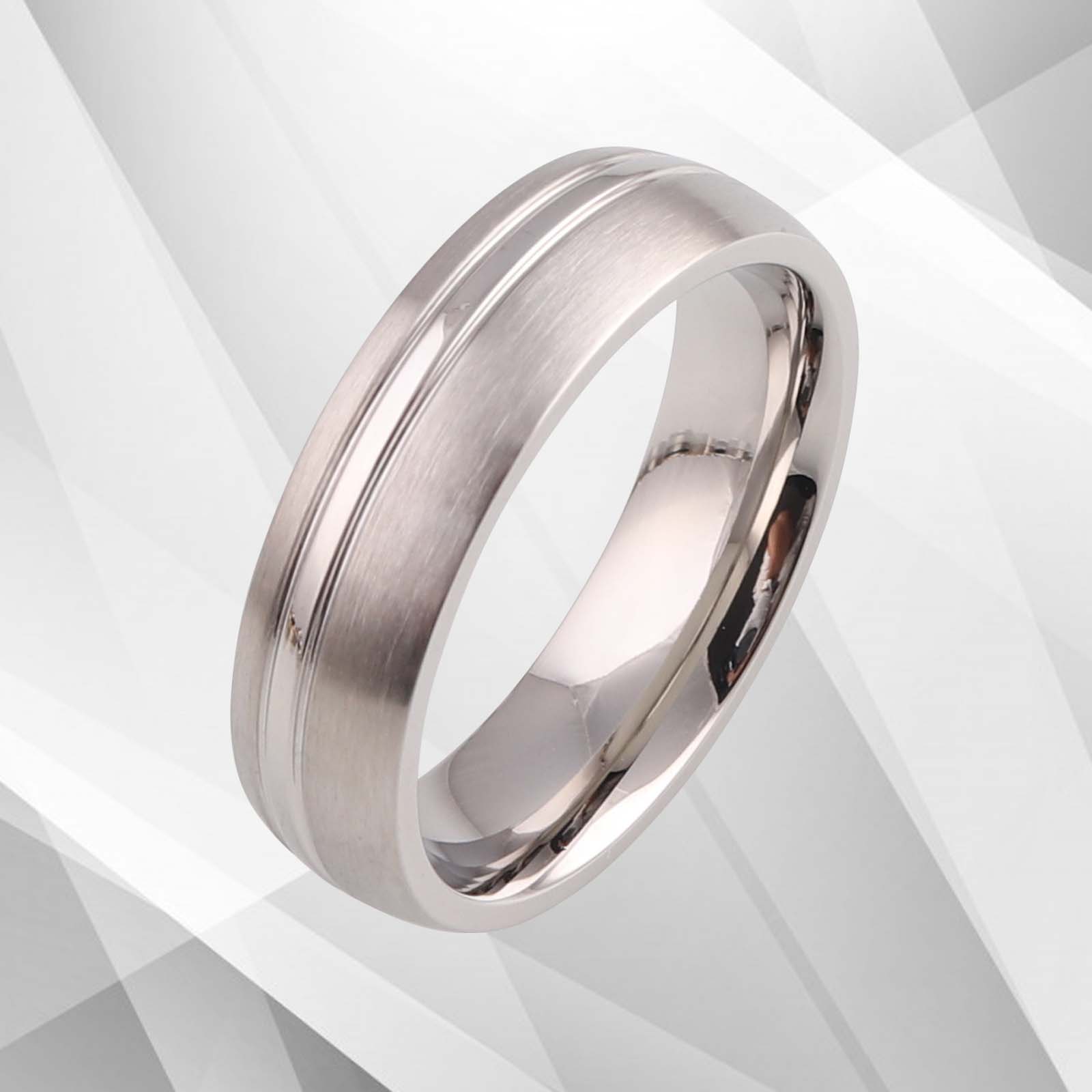 6mm Men's Wedding Engagement Titanium Band Ring with 18Ct White Gold finish, showcasing a brushed texture and comfort fit design.