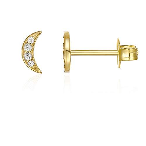 Elegant 6mm Pave Crescent Stud Earrings with Crystals, featuring a 14K gold plated finish, designed for comfort and hypoallergenic wear.