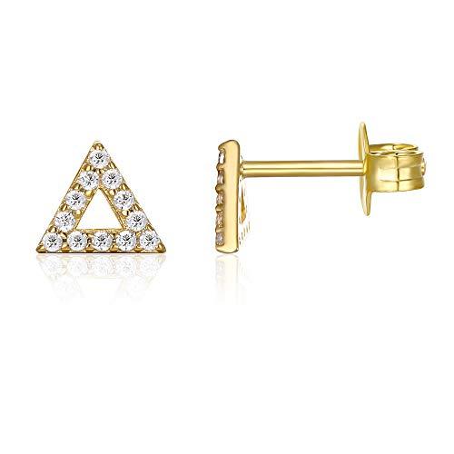 6mm Pave Triangle Stud Earrings with Crystals in 14K gold plating, showcasing a modern design with sparkling crystals.