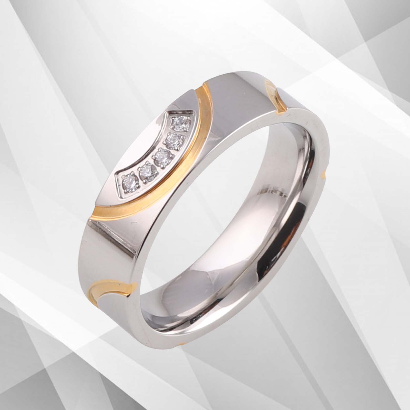 6mm sparkling titanium ring featuring five 0.35Ct CZ diamonds with 18Ct yellow and white gold finish, designed for comfort and elegance.