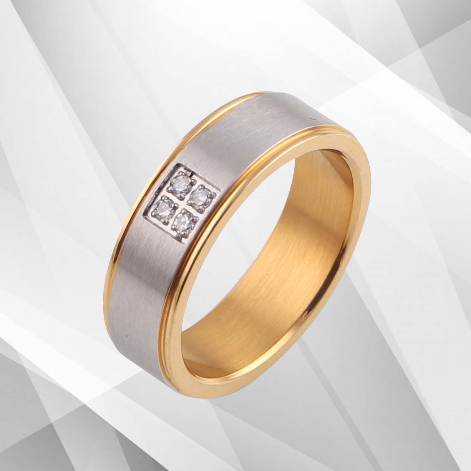 6mm Titanium Wedding Band featuring four 0.35Ct CZ Diamonds with 18Ct yellow and white gold finish, showcasing a luxurious and elegant design.