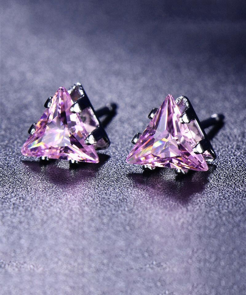Elegant 6mm triangle stud earrings featuring pink topaz Austrian crystals set in 18K white gold, showcasing a modern design.