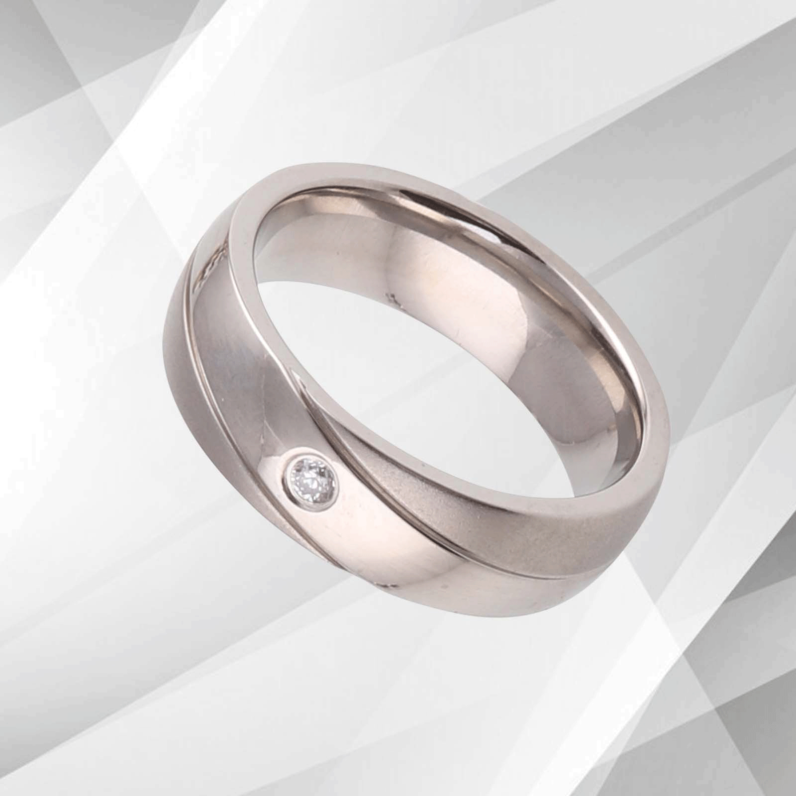 6mm wide titanium wedding ring with a brushed matt finish and sparkling 18Ct white gold plating, featuring a 0.35Ct CZ diamond.
