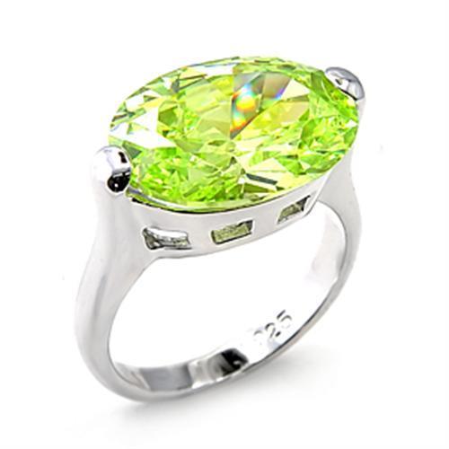 Elegant 6X182 Rhodium 925 Sterling Silver Ring featuring AAA Grade CZ stones in apple green color, showcasing its exquisite design.